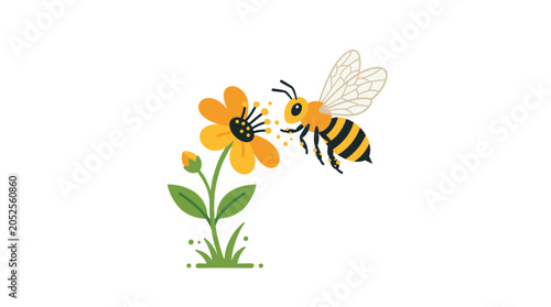 Cute bee flying near a yellow flower