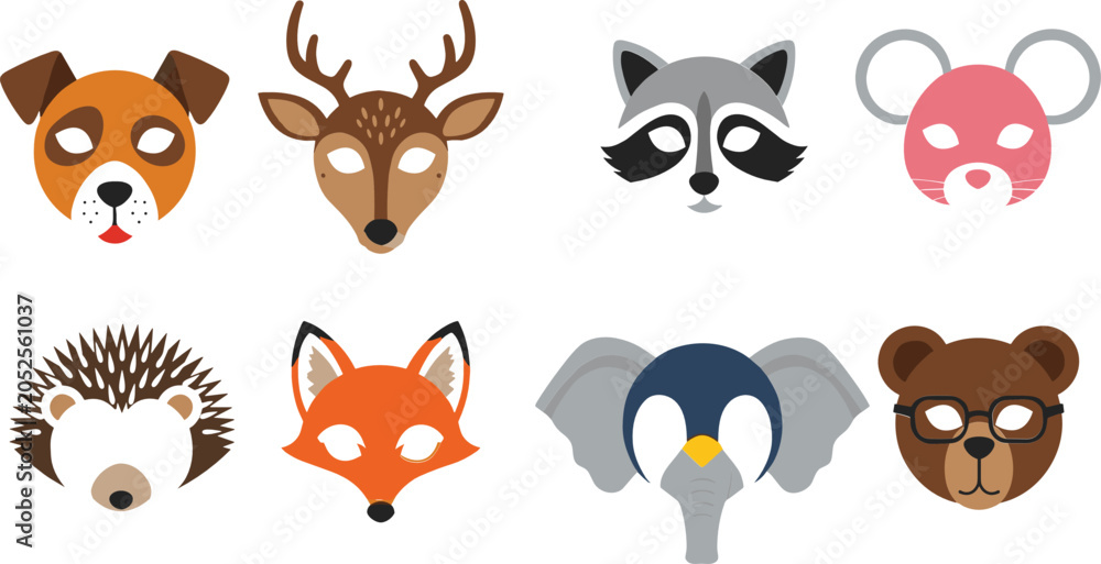 Fototapeta premium Vector Illustration of Animal Face Masks Featuring Dog, Deer, Raccoon, Fox, Elephant, and More for Kids' Party, Fun, and Costume Designs