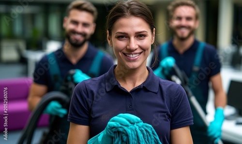 Professional cleaning team featuring a smiling woman holding a mop with two men using vacuum cleaners in a bright office