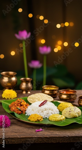 Traditional Onam sadhya served on banana leaf with rice and various curries, a lamp burning nearby in front of garden with lotus flowers for celebration of Kerala harvest festival.	
