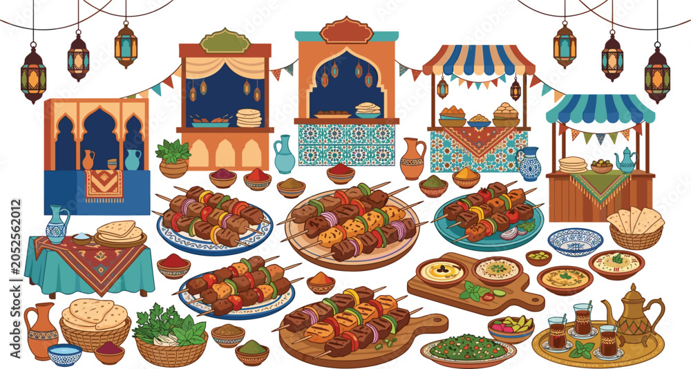 Εκτύπωση καμβά Traditional Arabic street food bazaar vector element set with grilled shish keba