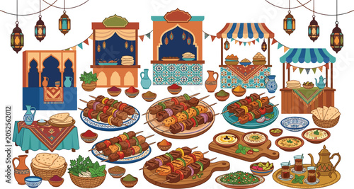 Fotografi Traditional Arabic street food bazaar vector element set with grilled shish keba