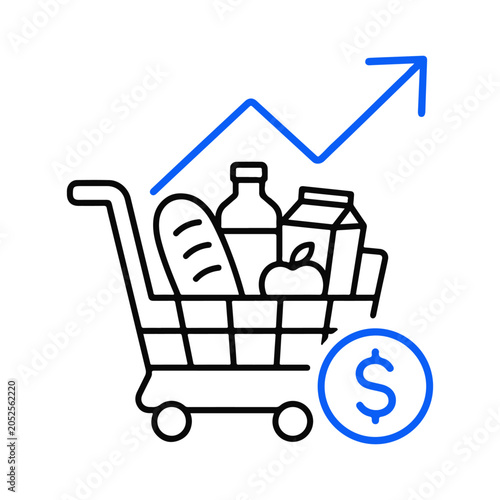 Grocery price inflation icon with shopping cart and rising arrow