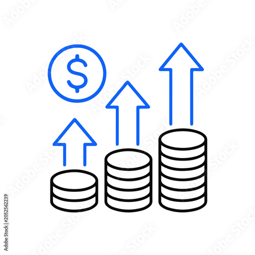 Rising cost of living icon with coin stacks and upward arrows