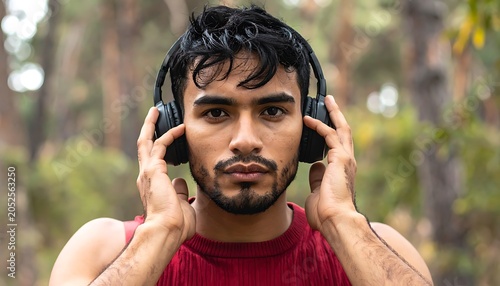 Young man with headphones in a forest, facing forward. He has dark hair and a beard