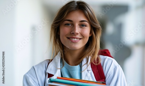 Happy university student in white coat carries colorful textbooks with red backpack in blurred educational facility