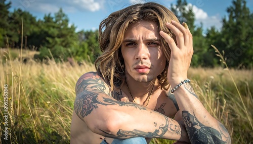 Young man with tattoos sits in field, gazing, light shining on wavy hair and skin against a backdrop of trees