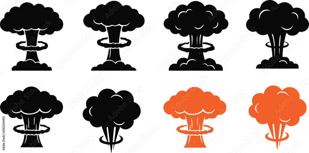 Obraz premium Atomic bomb explosion icons in black and orange on white background