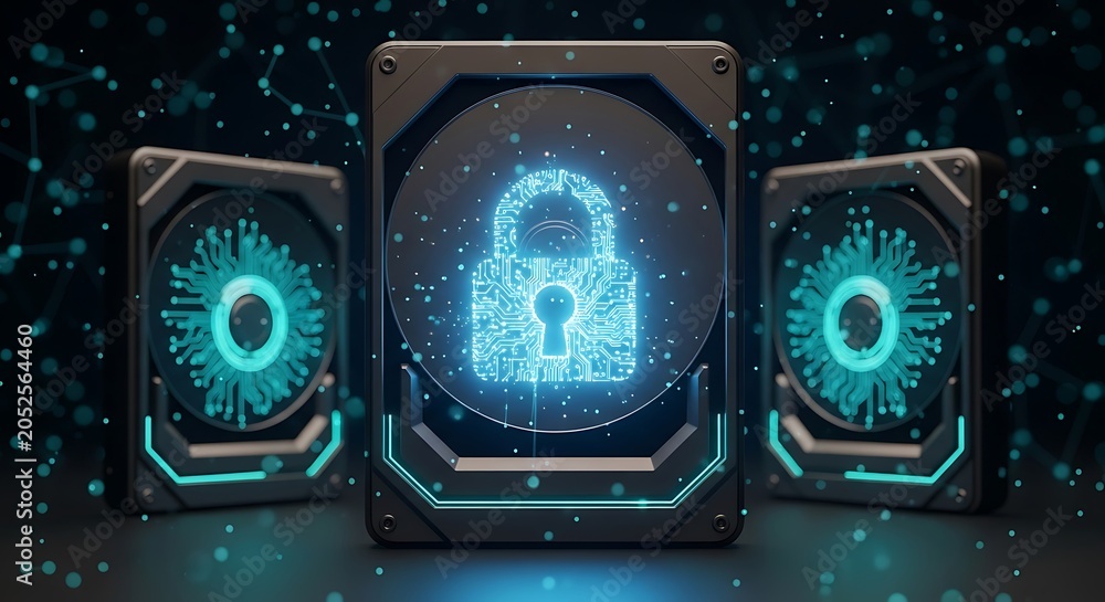 Fototapeta premium Three hard drive units with a glowing digital padlock floating above, surrounded by abstract blue network particles and circuit patterns