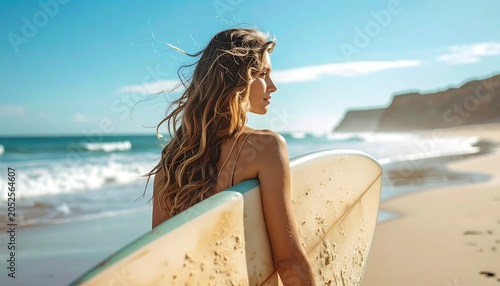 Young woman holding surfboard at the beach, looking at the horizon