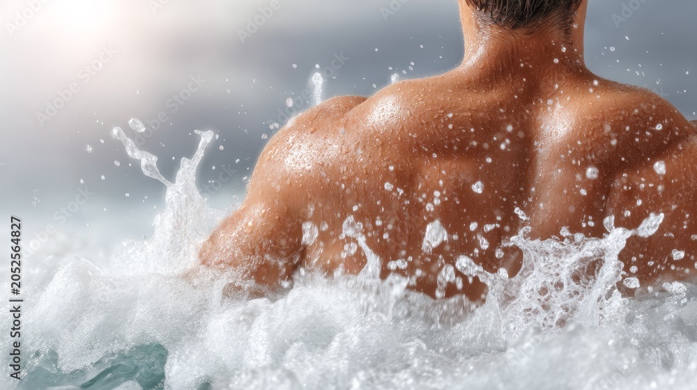Fototapeta premium Man Enjoying a Refreshing Swim in a Turbulent Ocean Environment