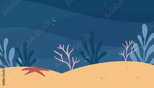 Konstfotografi Sandy ocean floor with starfish, coral branches and underwater plants on deep bl