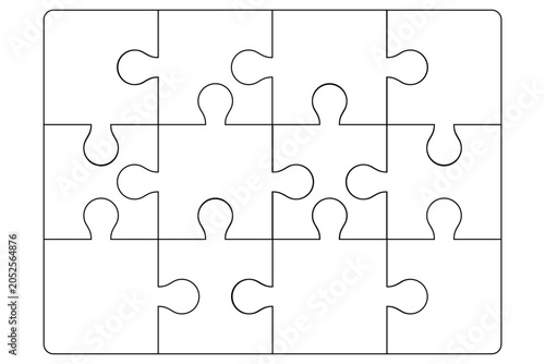 Outline connected puzzle 12 pieces frame. Frame puzzle 3x4 pieces. Template shape of Jigsaw puzzle pieces. Stock vector illustration isolated on white background.