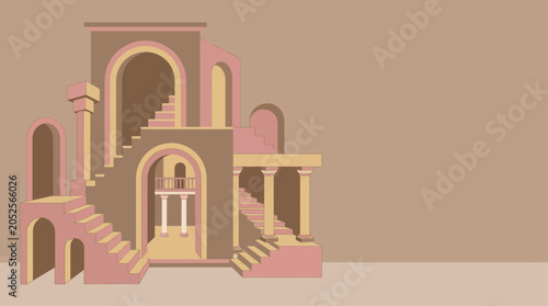 Geometric architectural structure with arches and stairs, flat vector illustration on brown background