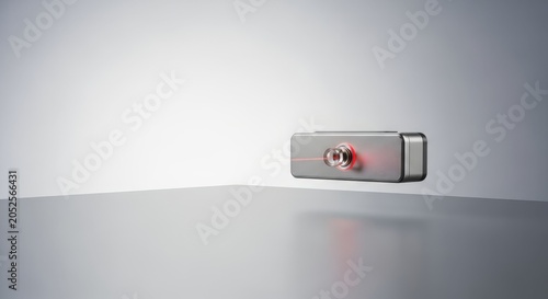 Laser sensor device emitting red beam. Optical transceiver for data transmission. Infrared distance sensor illustration