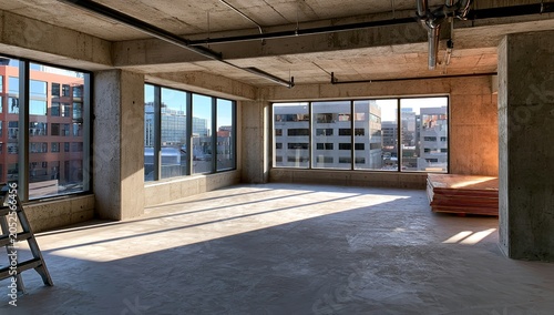 Unfinished concrete office interior under construction featuring large windows overlooking city buildings and stacks of lumber