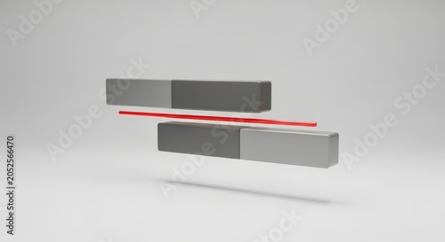 Minimalist 3D render of parallel optical transmission. Grey floating bars with red laser beam waveguide concept
