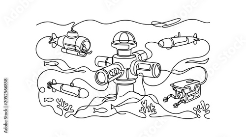 Underwater Exploration: Submarines, ROV, and Research Station in Line Art Style