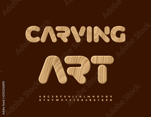Vector wooden icon Carving Art. Natural pattern Font. Tree texture Alphabet Letters and Numbers set.
