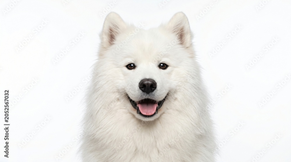 Fototapeta premium Fluffy Samoyed Dog Happy Face Portrait Isolated