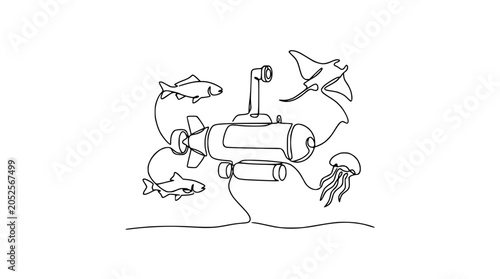 Photography Continuous Line Drawing: Submarine Exploring Ocean Life with Fish, Jellyfish, an