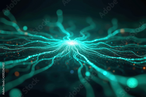 Abstract glowing cyan neural network of digital light particles