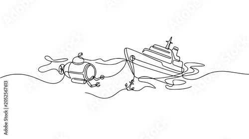 Photos Minimalist Line Art: Submarine and Ship Connected by Tow Rope in Wavy Sea
