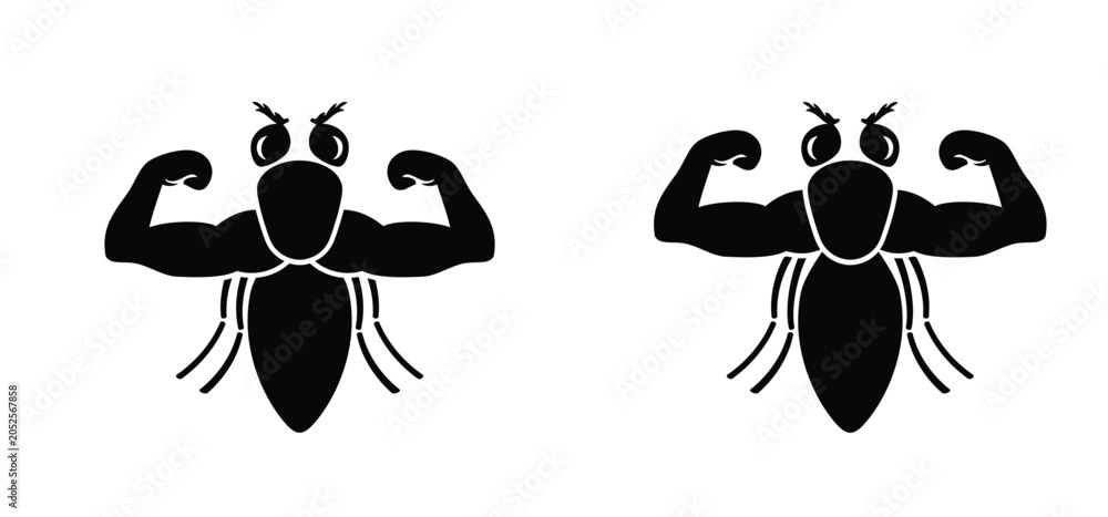Fototapeta premium Cartoon insects with muscles. Flesh eating screw worm fly. Insect, screw-worm fly or vaker screwworm fly. Cochliomyia macellaria insect. Bodybuilding. their larvae feed on living animal tissue.