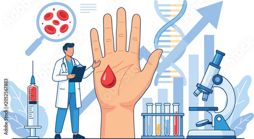 Tableau sur toile Medical doctor analyzing blood test diagnostics with giant hand syringe microsco