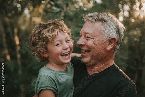 Father's Day. Cheerful older father,  cradling laughing baby against chest, gray in hair, black shirt, park backdrop. Late parenthood, senior man dad, tender natural portrait, older age fatherhood.