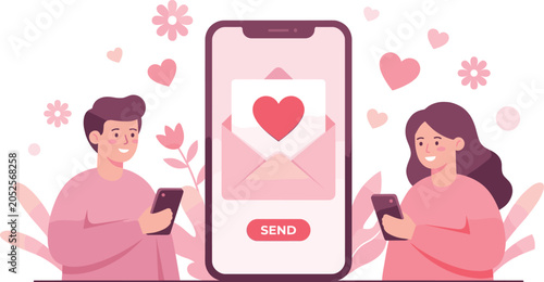 Tablou pe pânză Young couple sending love messages and romantic letters online via smartphones o