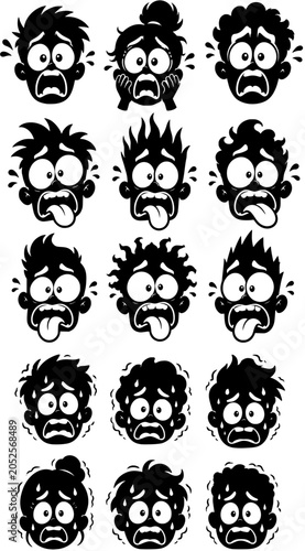 Funny cartoon faces with different expressions and hairstyles vector set