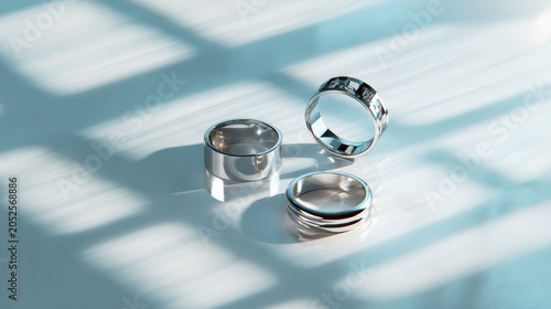White gold or platinum rings on simple light blue background. Minimalist jewelry showcase banner cubism-style geometric display. Modern product presentation, abstract luxury, clean art direction.
