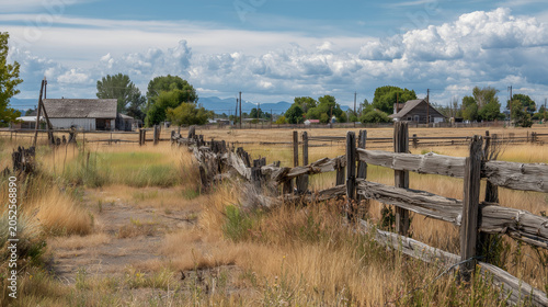 Abandoned rural homestead with dry grass and weathered wooden fences under cloudy sky creating nostalgic countryside atmosphere and isolation mood