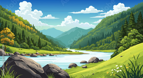 фотографія A scenic mountain river landscape vector illustration depicting a peaceful valle