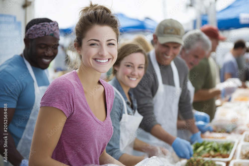 Fototapeta premium Volunteers preparing food together at a community outreach event highlighting teamwork generosity social support and local engagement