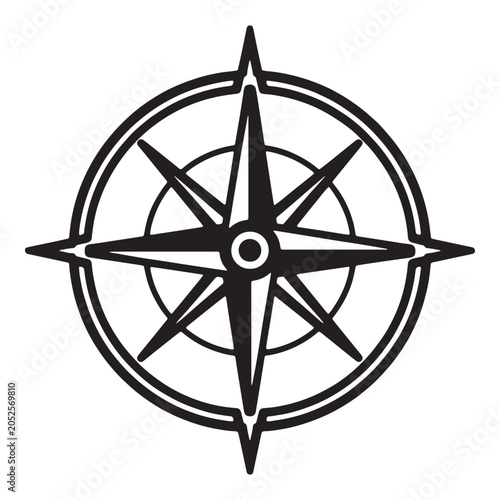 Minimalist vintage compass icon with eight directional arrows and central dot for precise bearing guidance