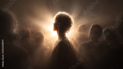 Person illuminated by radiant light among crowd creating spiritual atmosphere of inspiration, awakening and human connection