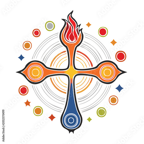 Stylized cross with flame and colorful circles