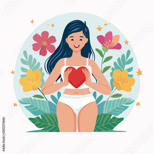 Woman Holding Heart Surrounded by Flowers