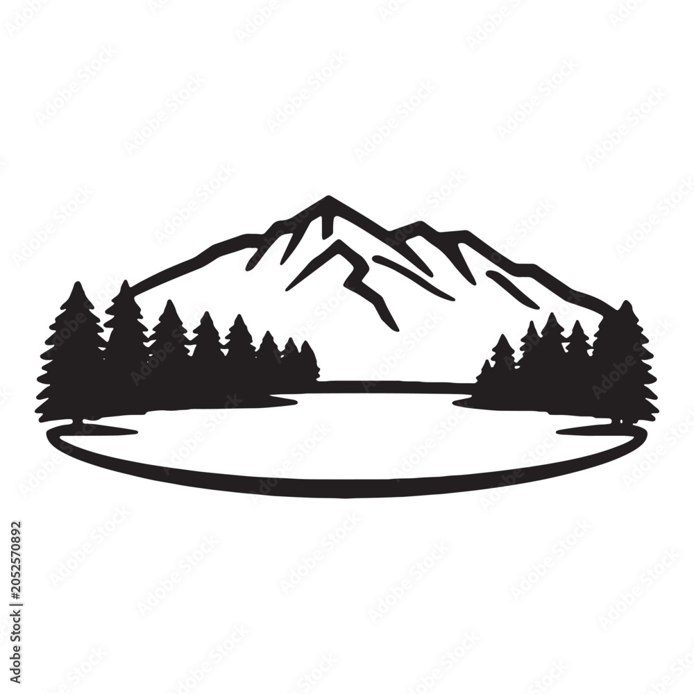 Fototapeta premium Minimalist black and white outline of serene mountain lake surrounded by pine trees for nature themed designs