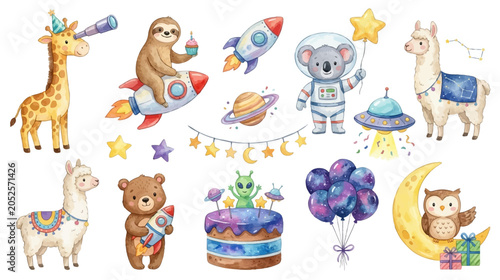 Photography Watercolor space birthday clipart set with cute animals, rockets and whimsical celestial celebration elements
