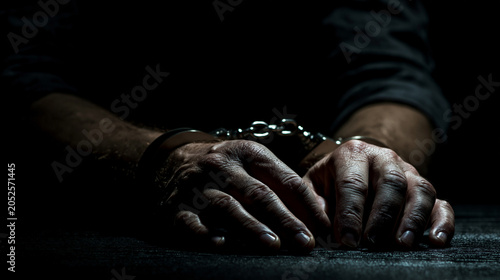 Handcuffed hands resting on dark table, criminal arrest interrogation detention justice police custody and legal restraint concept