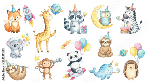 Photography Watercolor space birthday clipart set with cute animals, balloons and whimsical celestial party elements