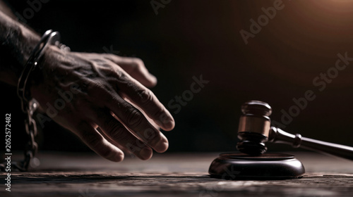 Handcuffed hand reaching toward judge gavel on dark courtroom table, criminal justice trial verdict and legal punishment concept