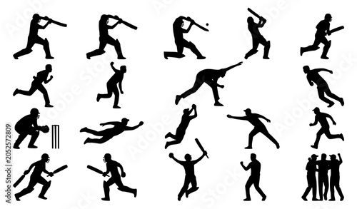 Schilderij op canvas Cricket players silhouettes collection batsmen bowlers fielders in dynamic actio
