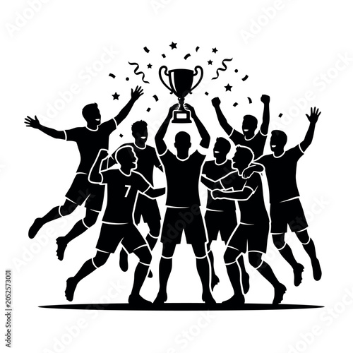 Silhouette of a soccer team celebrating with a trophy