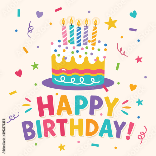 happy birthday text with cake birthday and colorful confetti