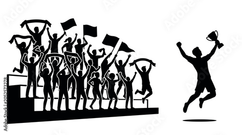 Victory silhouette of a cheering crowd and a winner