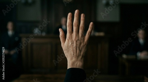 Hand raised in a courtroom setting during a legal trial or testimony